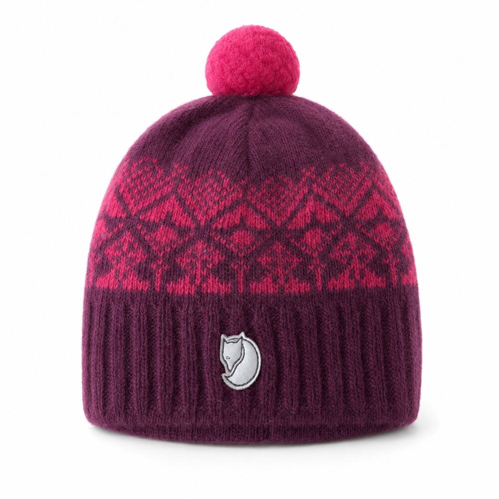Fjallraven Kids Snowball Knit Hat Red Pom Pom Wool Blend Winter Ski Beanie